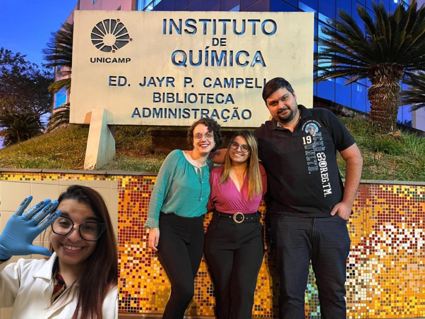  Mayra Paschoarelli (E) e o orientador William Reis Araújo. No destaque, e no centro da foto Paula Corsato mostra a luva desenvolvida pelo grupo